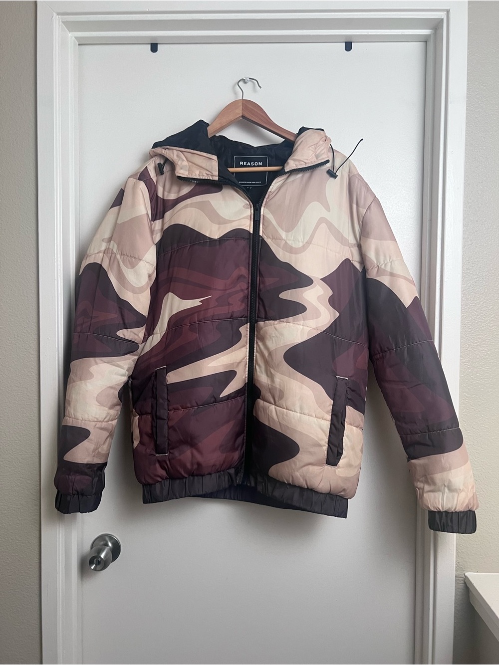 Reason NYC Hooded Camo Puffer Jacket Beige Brown Streetwear Large - Picture 1 of 8